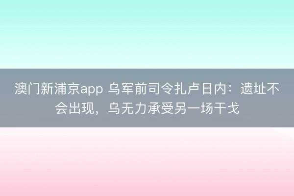 澳门新浦京app 乌军前司令扎卢日内：遗址不会出现，乌无力承受另一场干戈